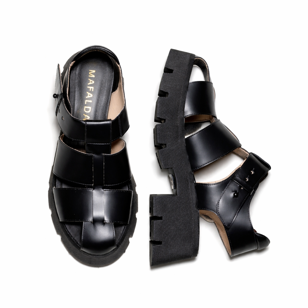 Aurora Black Chunky Leather Handmade Sandal by Mafalda