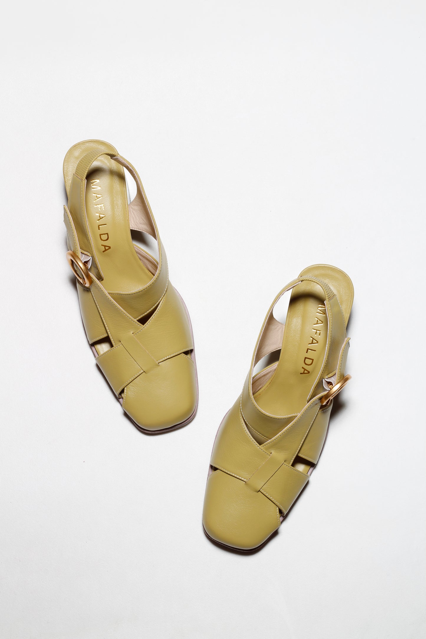 Lucia Green Leather Pumps by Mafalda Handmade top view square toes