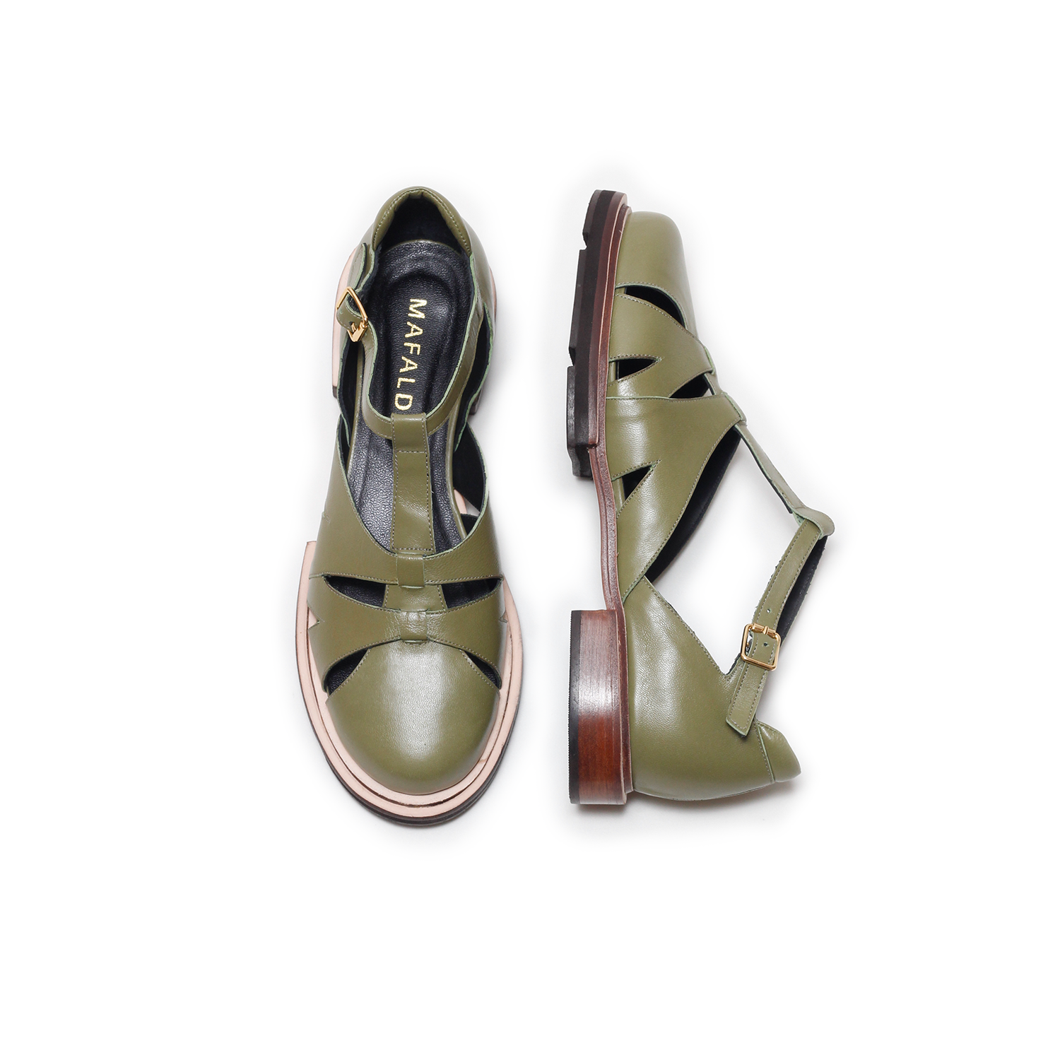 slim fit dress slacks Olive green leather heeled sandals – Andypola main image 0