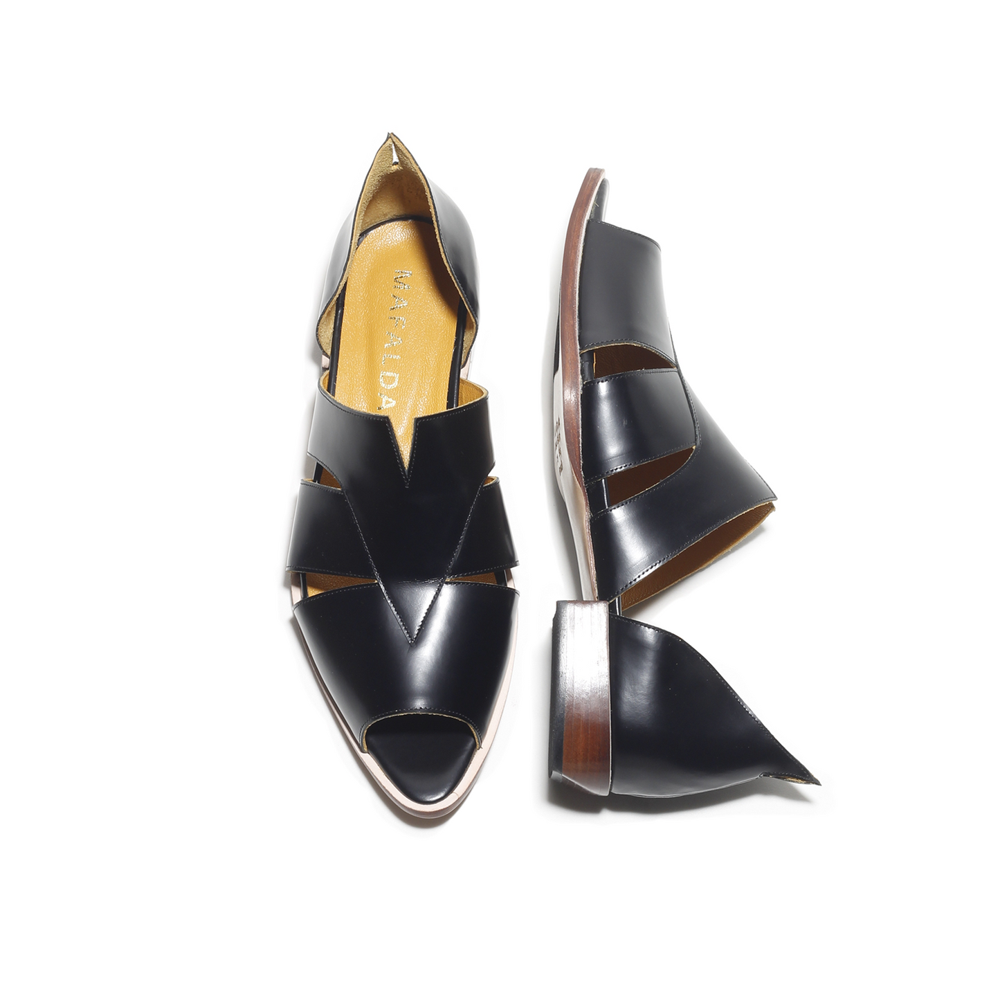 Agatha Black Peep-toe Sandals by Mafalda Handmade top and side view