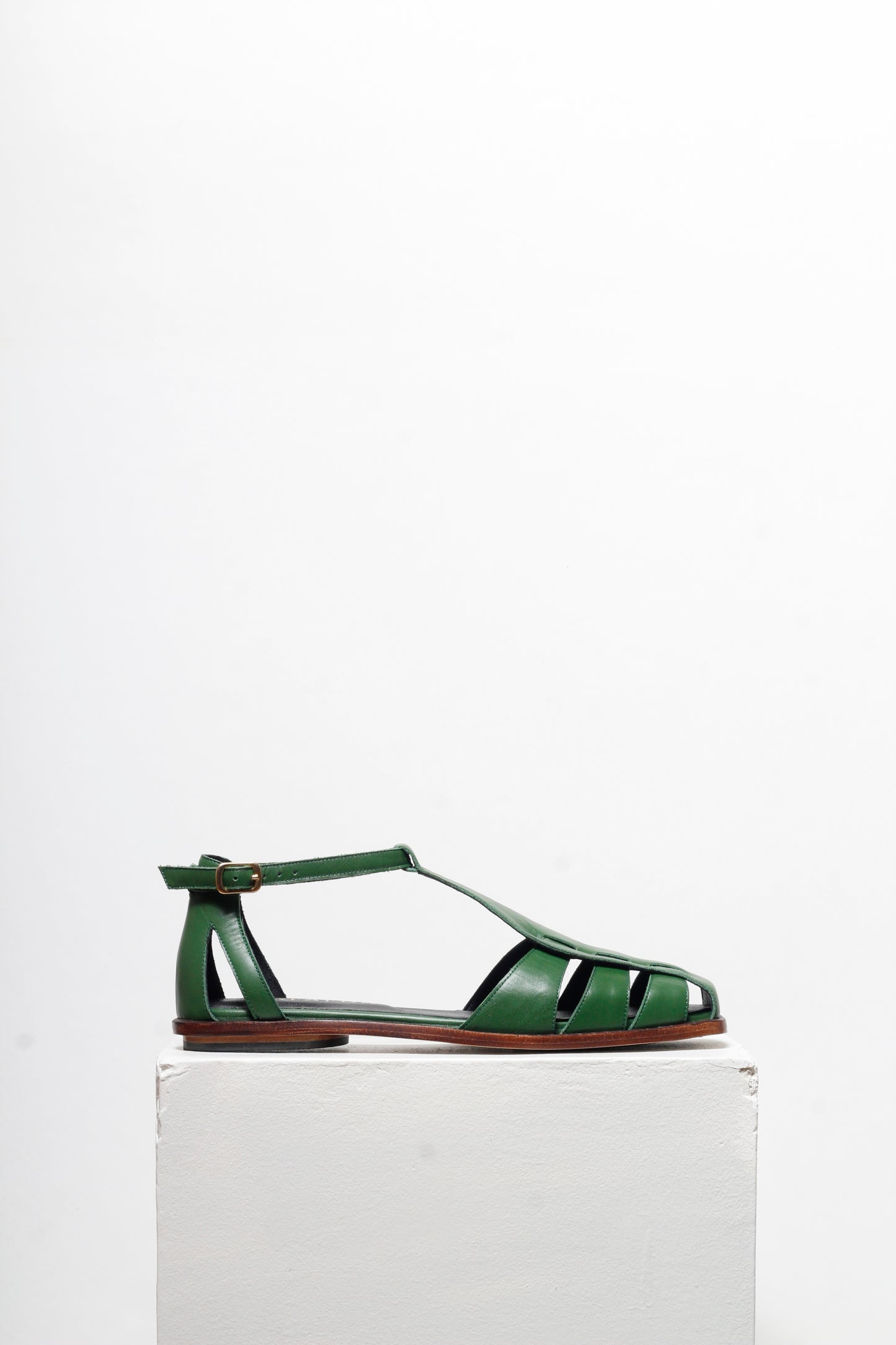Ida Green Leather Fisherman  Sandals by Mafalda Handmade side cut outs