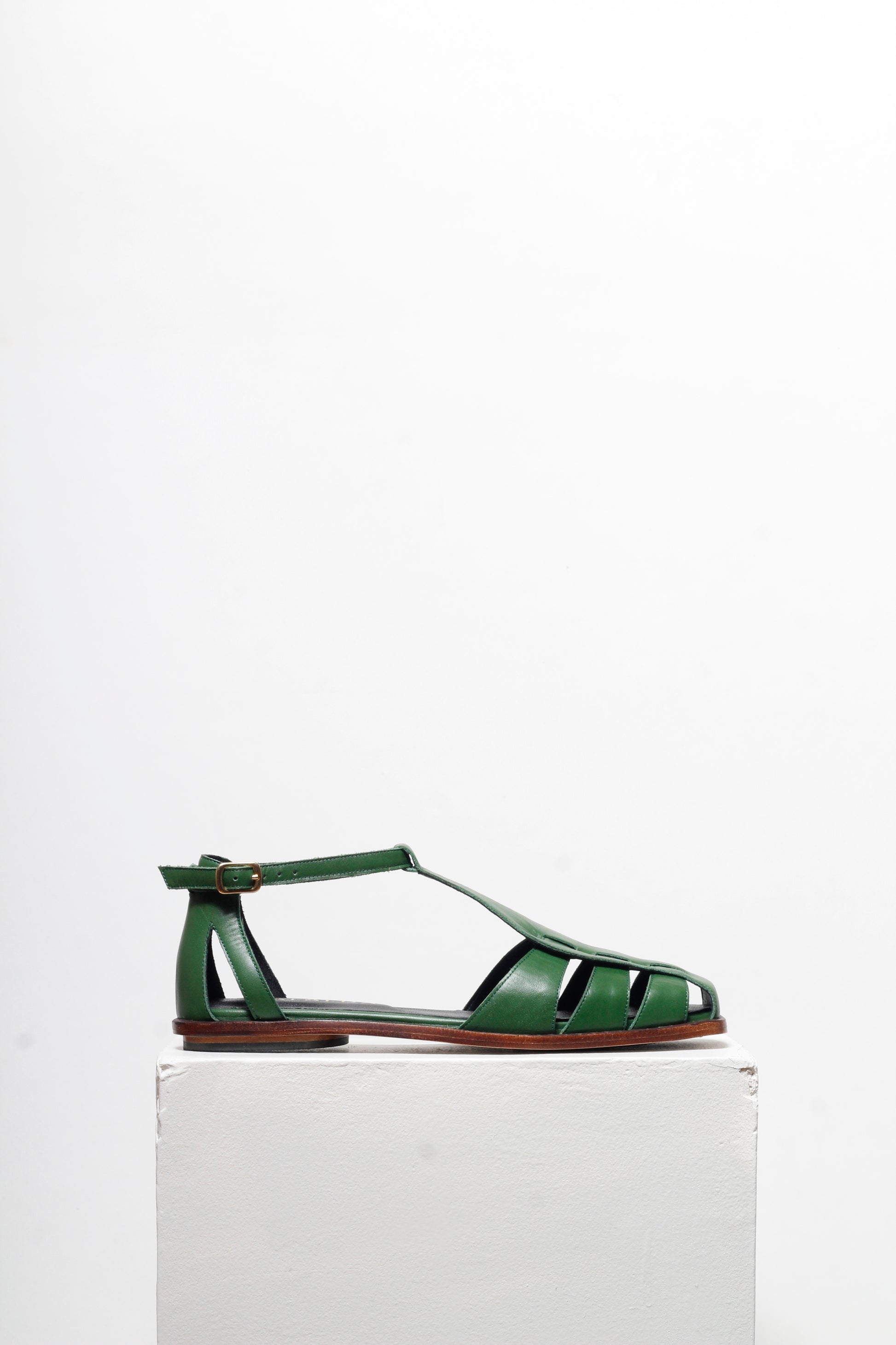 Ida Green Leather Fisherman  Sandals by Mafalda Handmade side cut outs