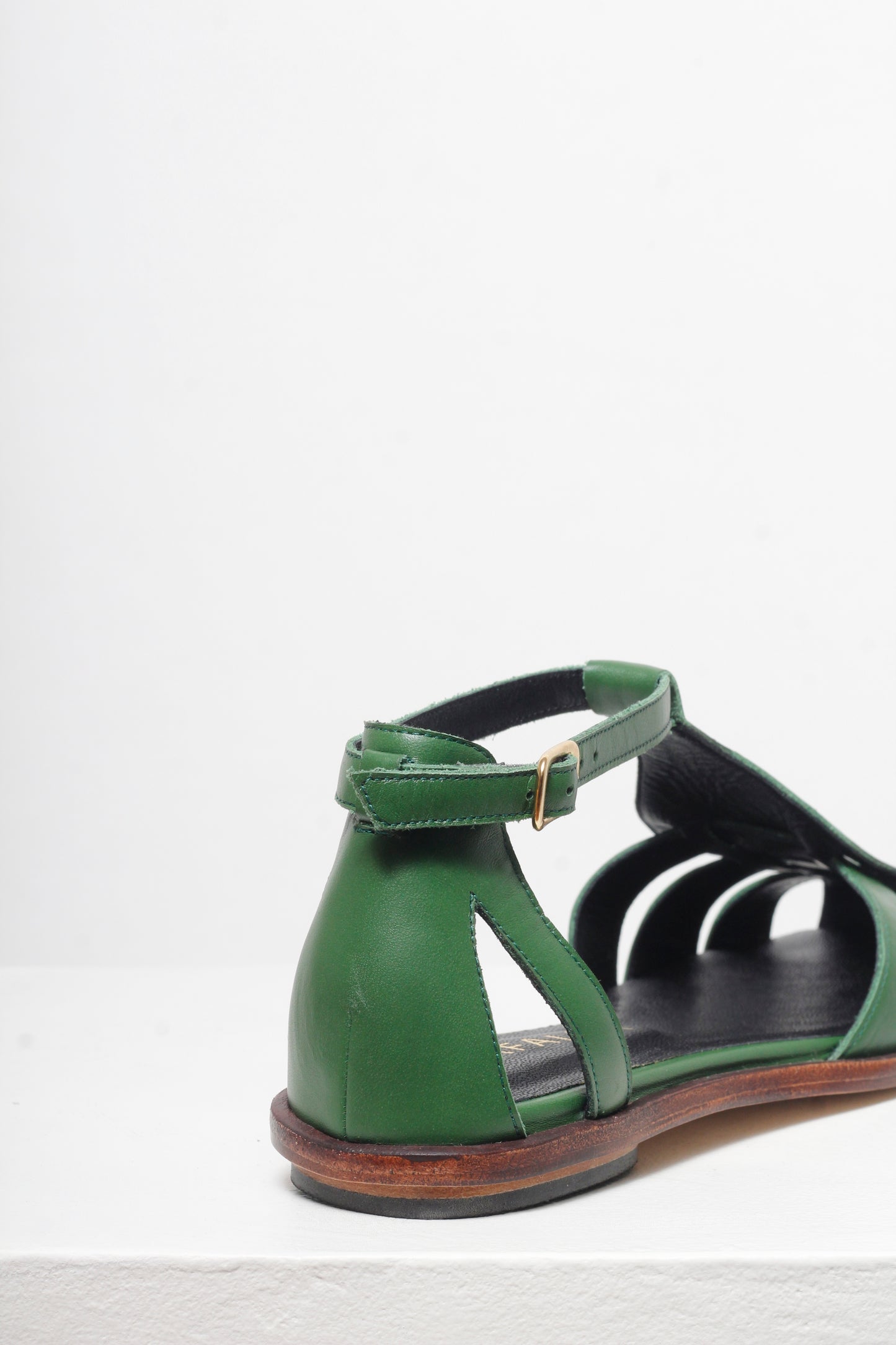 Ida Green Leather Fisherman  Sandals by Mafalda Handmade ankle strap with gold buckle