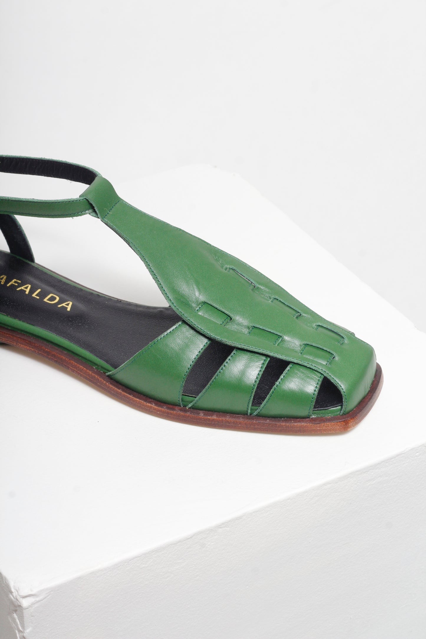 Ida Green Leather Fisherman  Sandals by Mafalda Handmade square toes