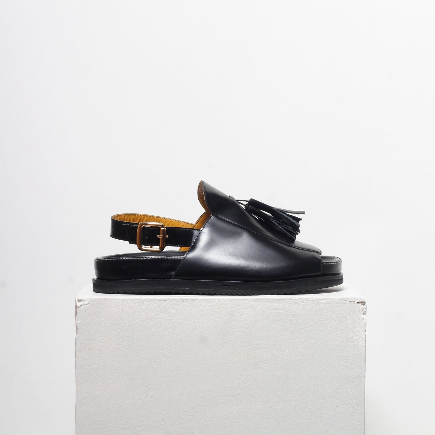 Rita Black Slingback Tassel  Sandals by Mafalda Handmade slingback with gold buckles