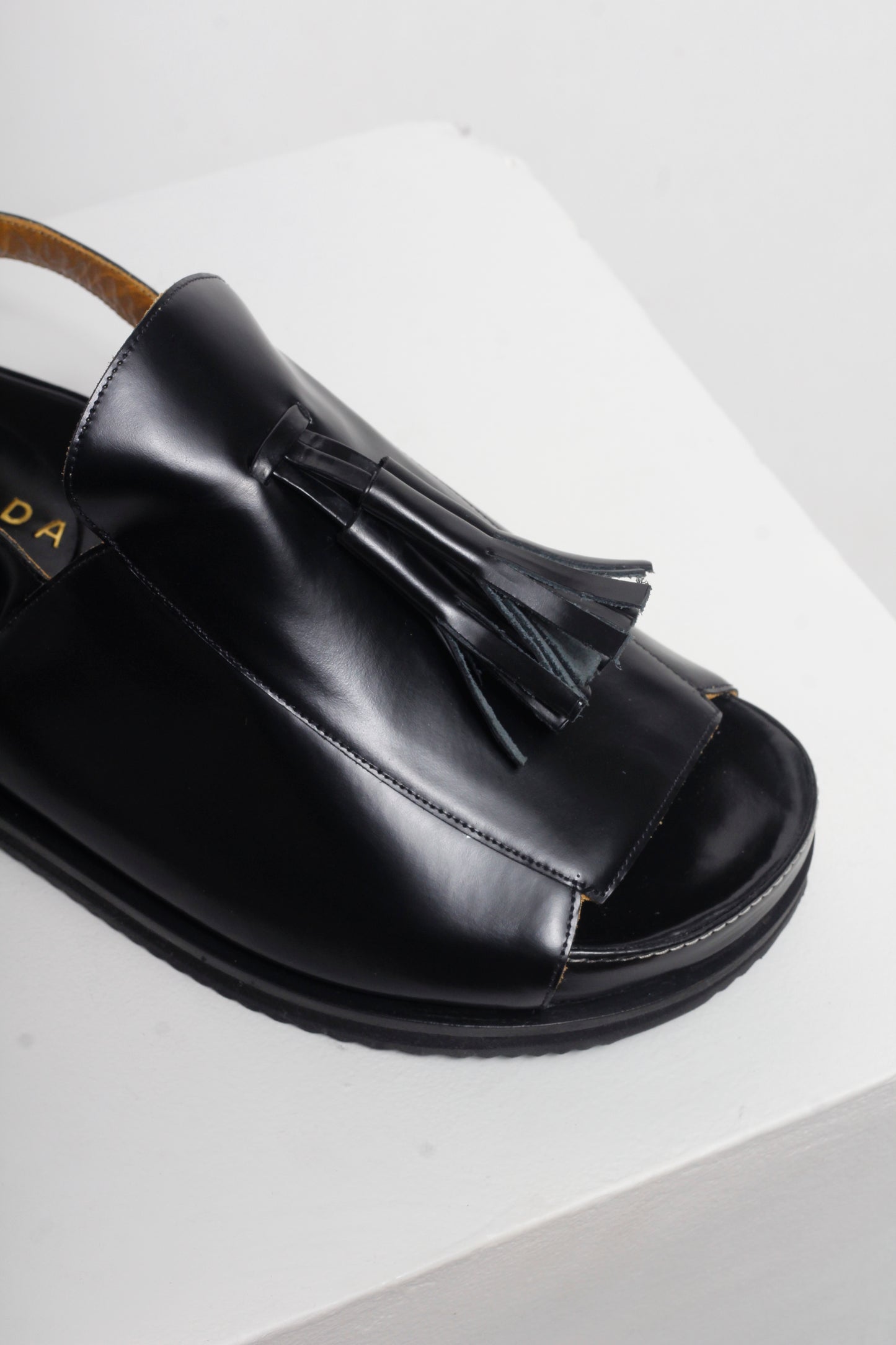 Rita Black Slingback Tassel  Sandals by Mafalda Handmade round toes detail