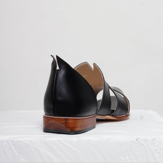 Agatha sandals in black box leather with peep toe handcrafted by Mafalda Handmade back view