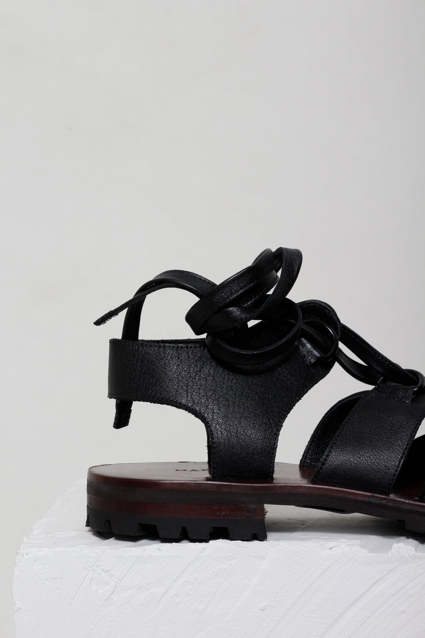 Camelia Black Lace-up Sandals by Mafalda Handmade rubber heel detail
