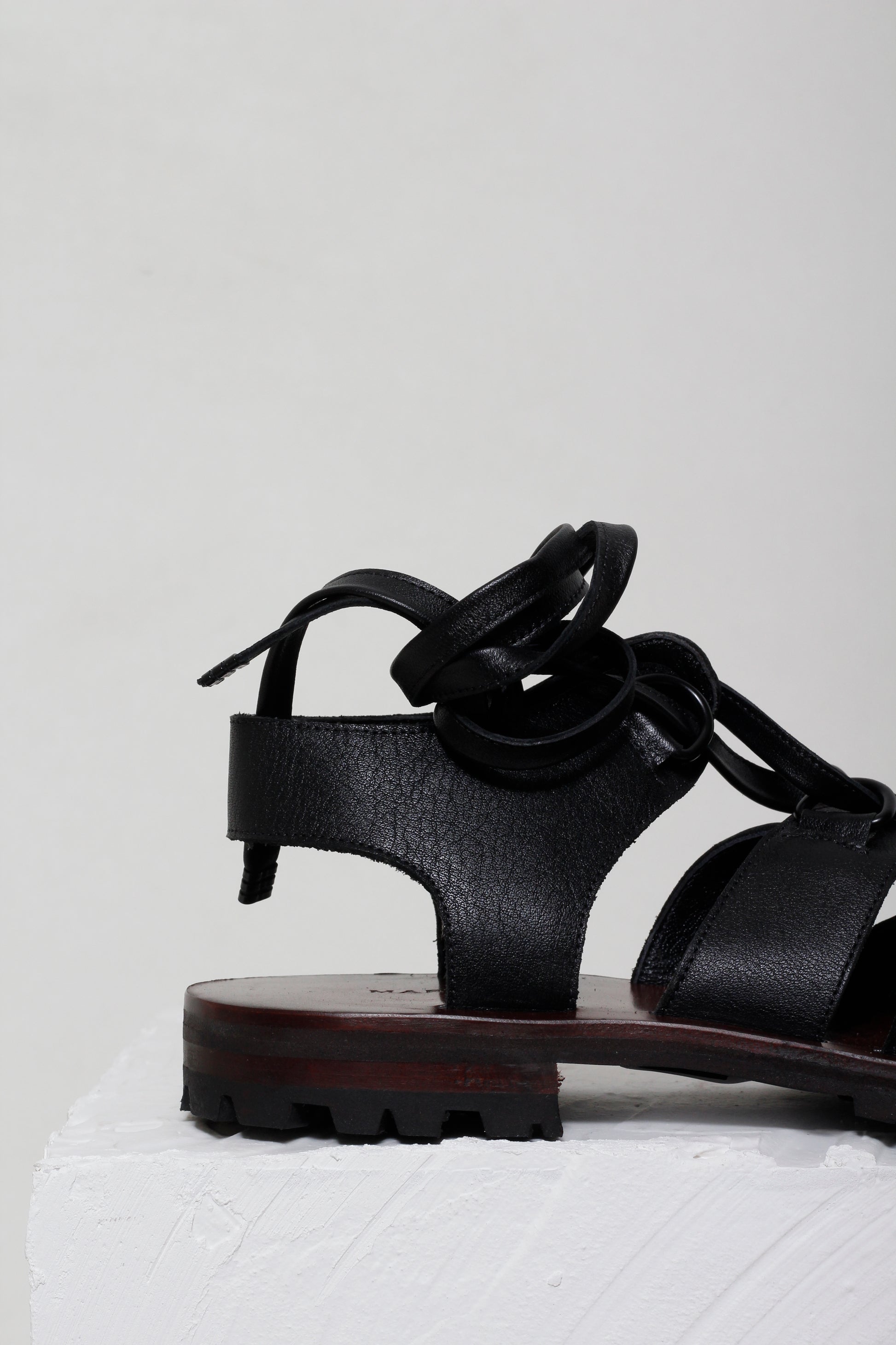 Camelia Black Lace-up Sandals by Mafalda Handmade rubber heel detail