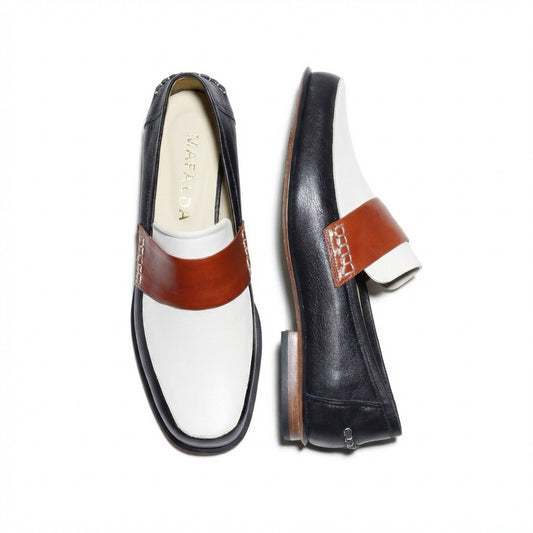 Diana White Black and Brown Penny Loafer by Mafalda Handmade side and top view