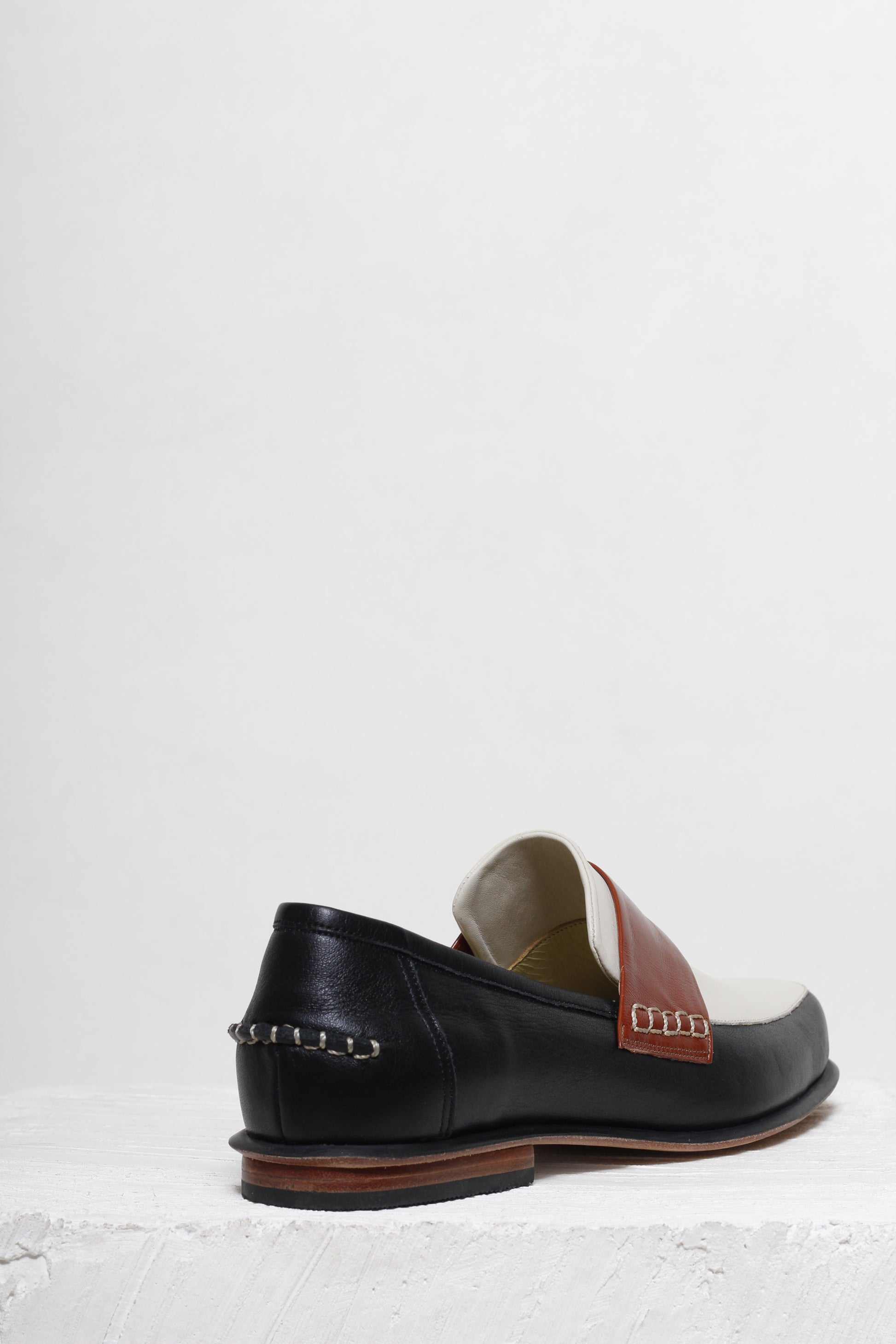 Diana White Black and Brown Penny Loafer by Mafalda Handmade back stitching craftsmanship