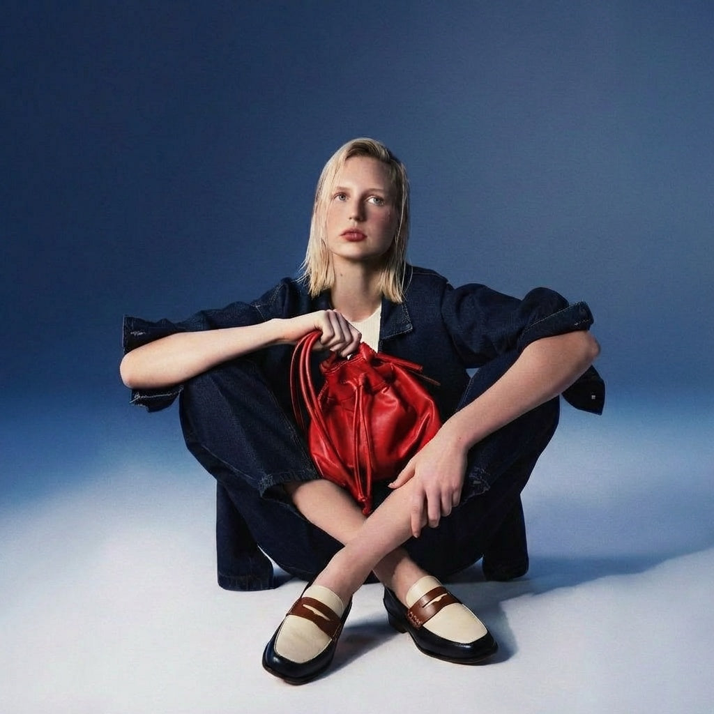 Diana White Black and Brown Penny Loafer by Mafalda Handmade worn by model with jeans trousers and jacket and red drawstring Noa bag