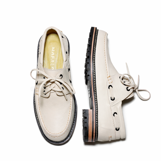 Donatela Off-White Boat Shoes by Mafalda Handmade side and top view