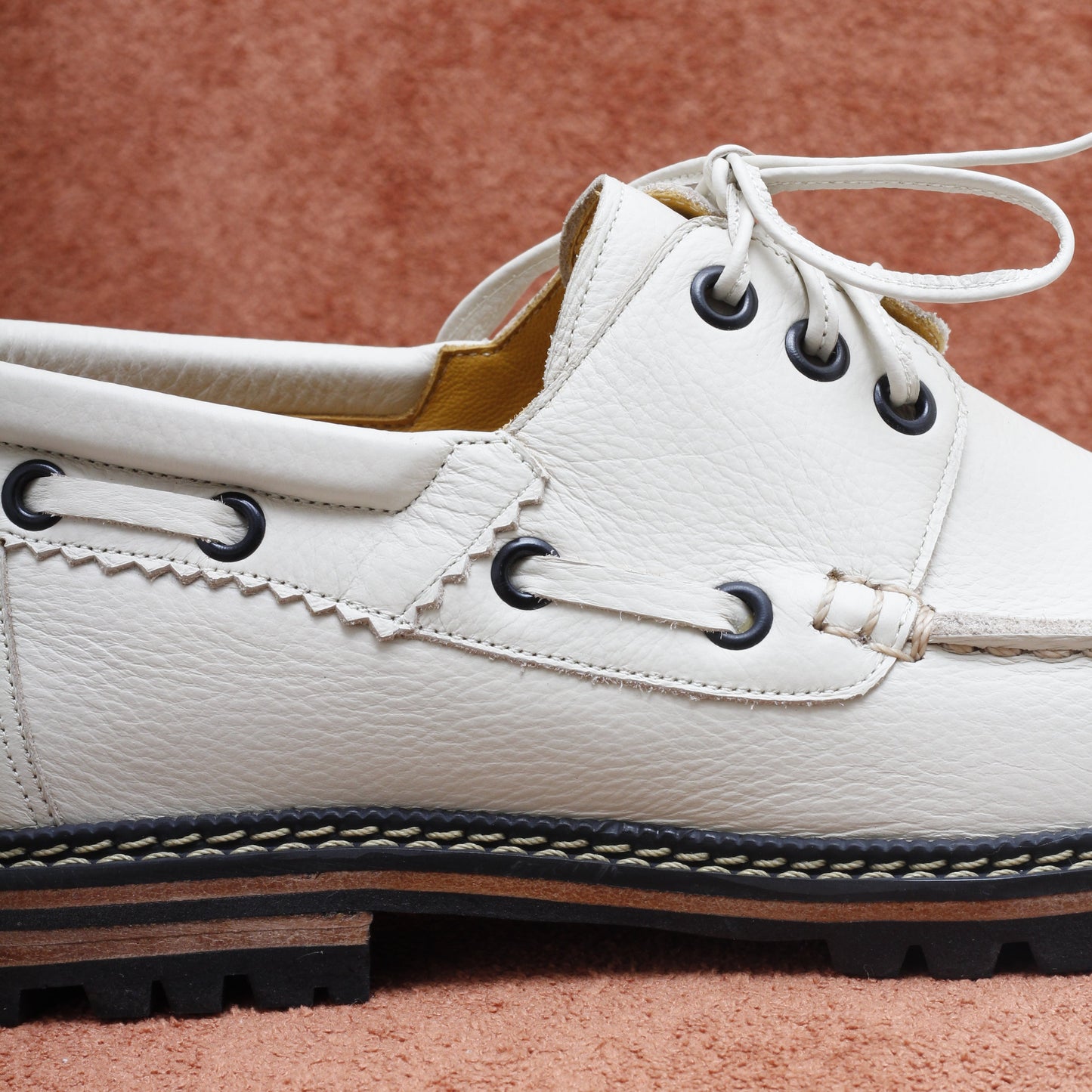 Donatela Off-White Boat Shoes by Mafalda Handmade craftsmanship side detail
