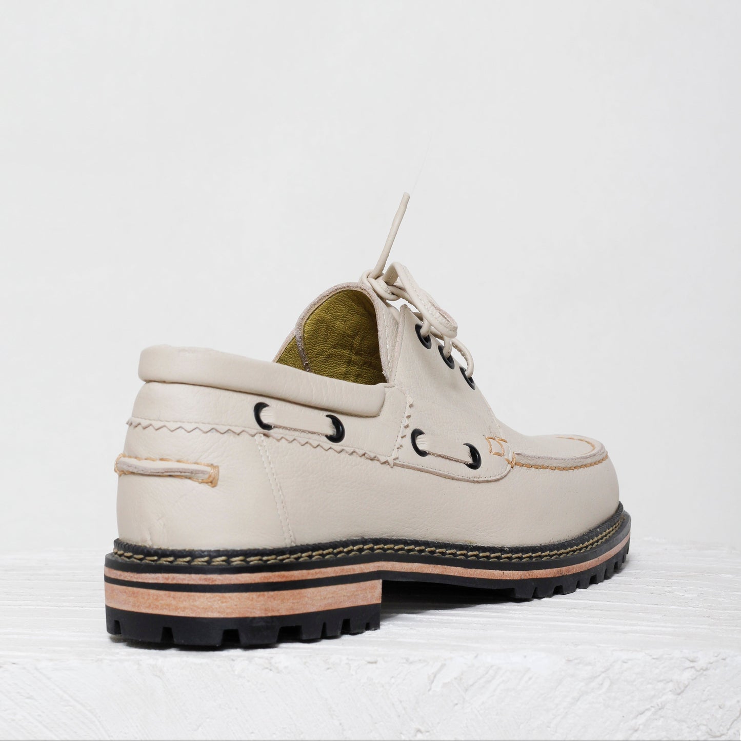 Donatela Off-White Boat Shoes by Mafalda Handmade rubber leather combination heels craftsmanship