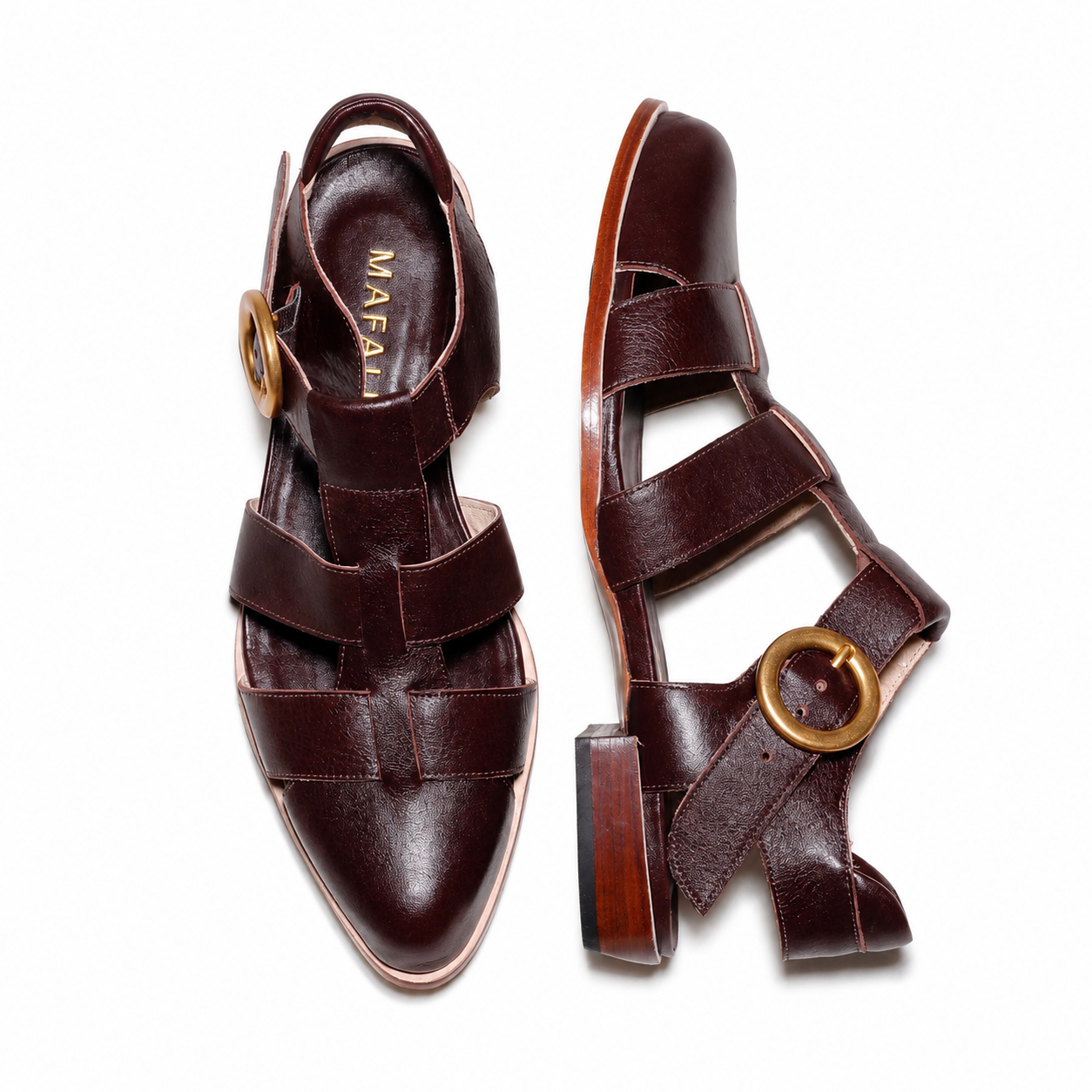 Brown leather  fisherman sandals with almond toes gold buckle on a white background handcrafted by Mafalda Handmade