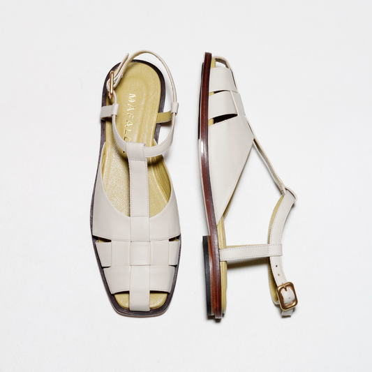 Georgia Off-White Fisherman Lather Sandals by Mafalda Handmade top and side views