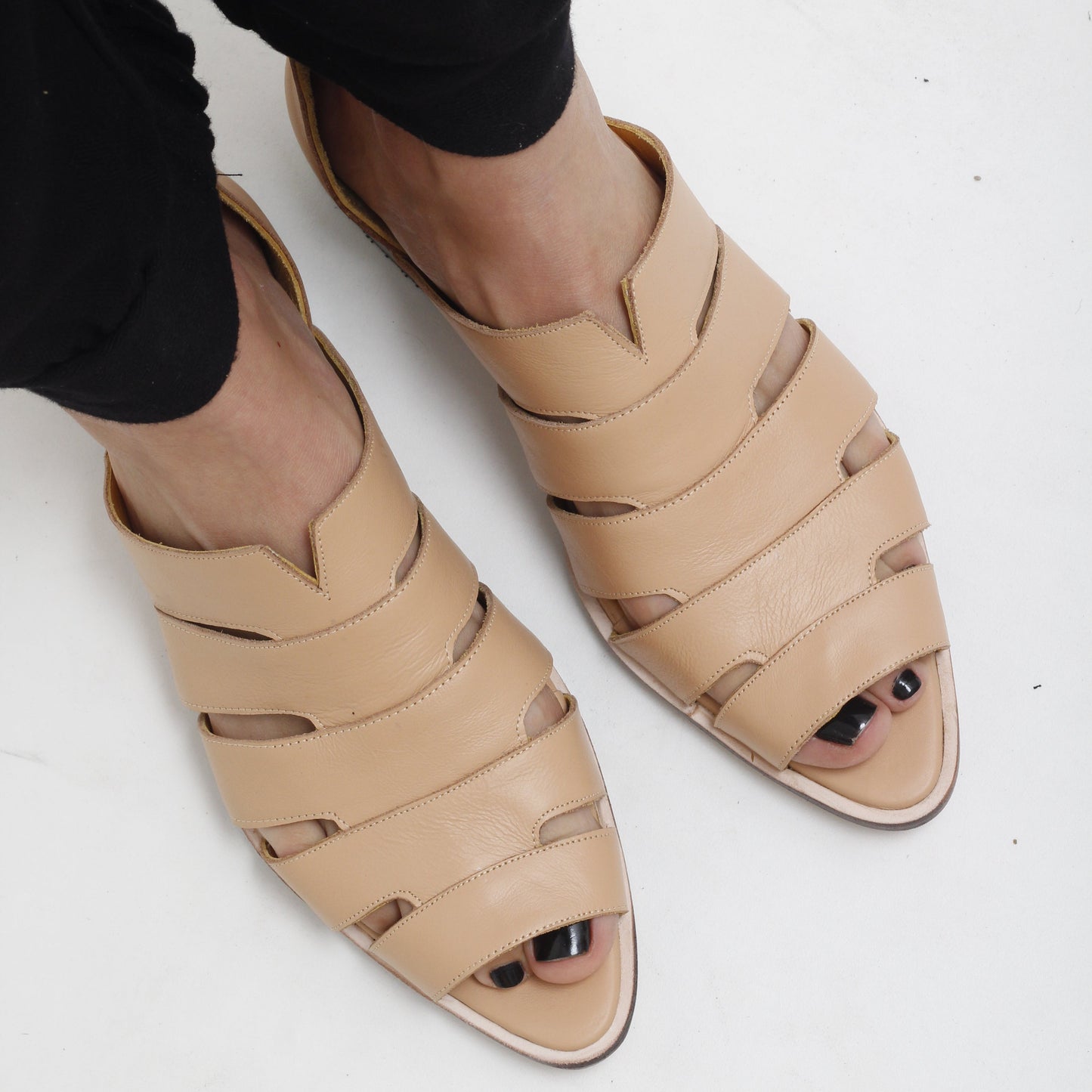 Gisele Light Tan Peep-toe Smart Sandals by Mafalda Handmade on model