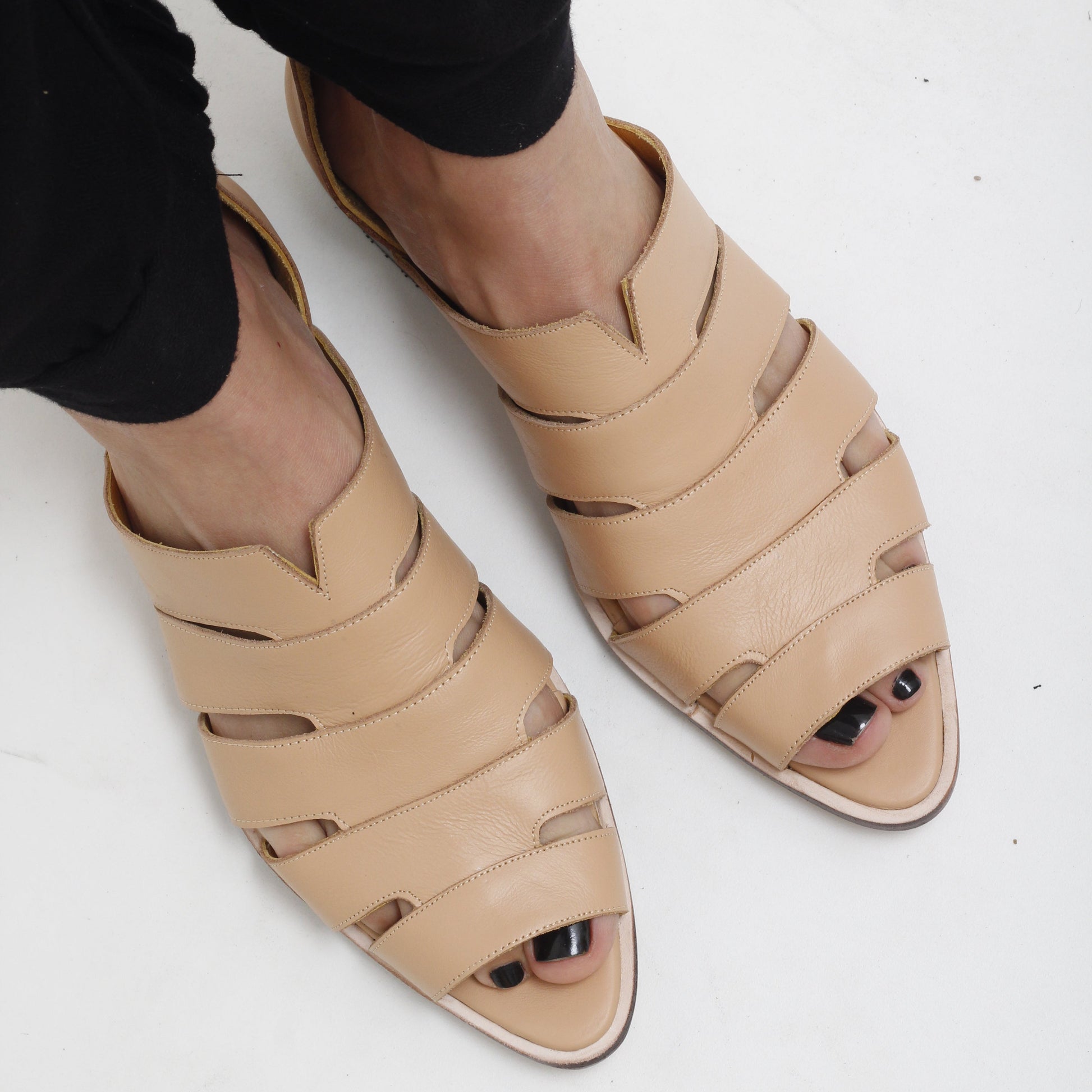 Gisele Light Tan Peep-toe Smart Sandals by Mafalda Handmade on model