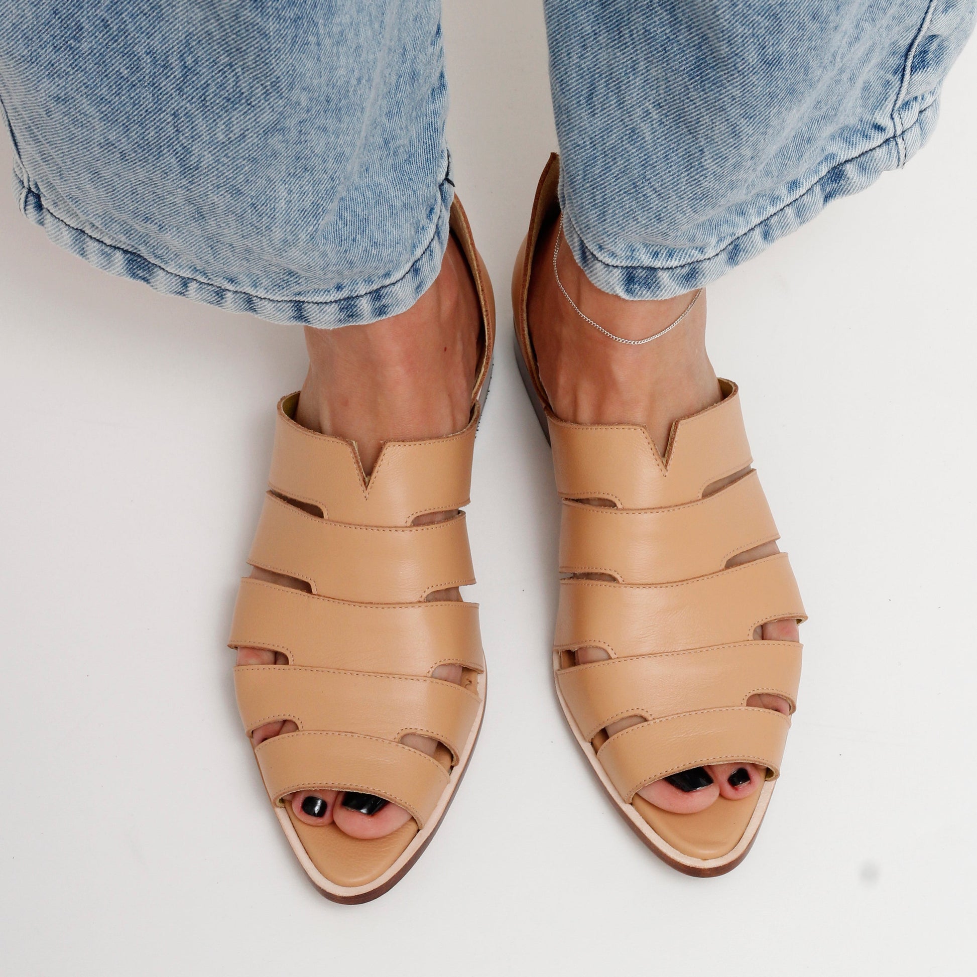 Gisele Peep-toe Smart Sandals by Mafalda Handmade worn with blue jeans 