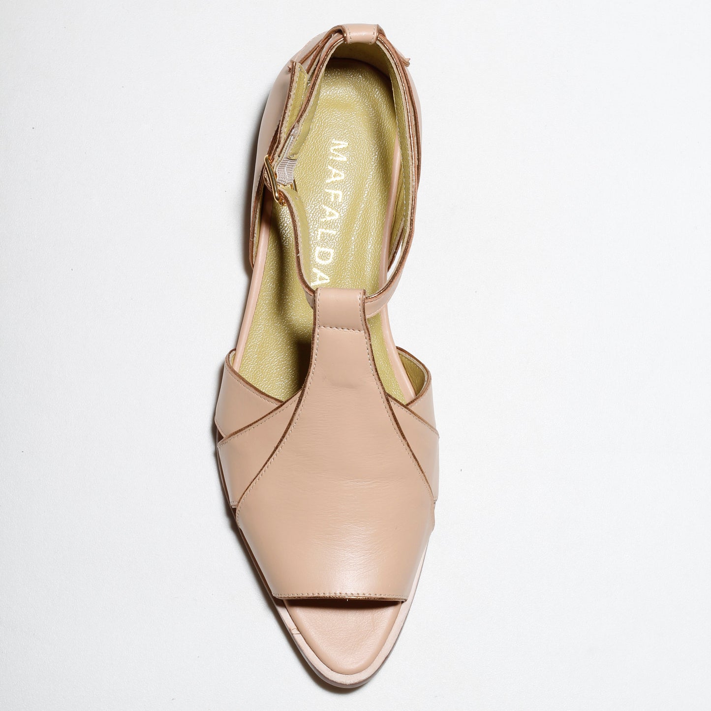 Beige peep-toe smart and delicate  sandal with Mafalda branding on a white background