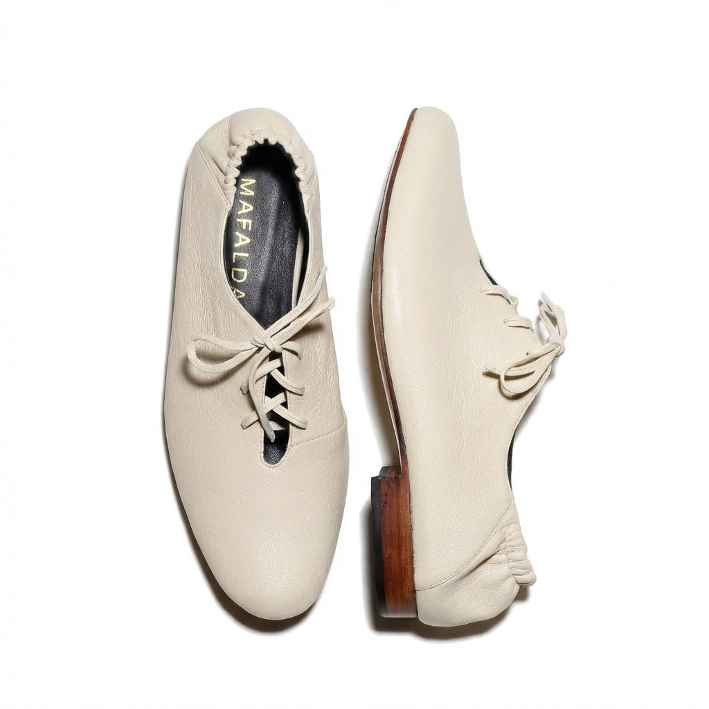 Lila Off White Derbies by Mafalda Handmade top and side view

