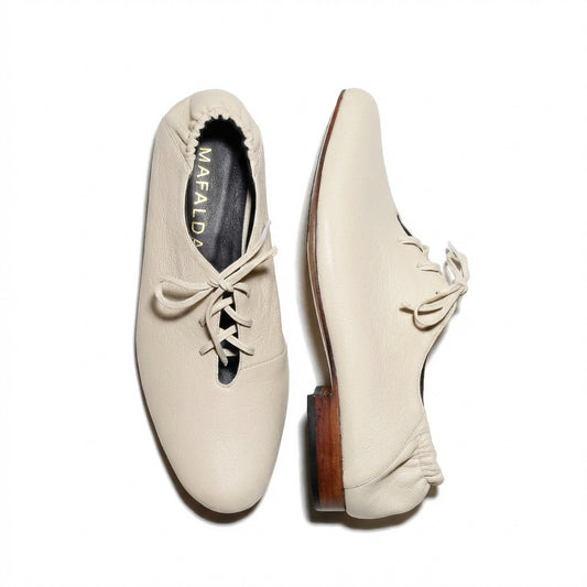 Lila Off White Derbies by Mafalda Handmade top and side view
