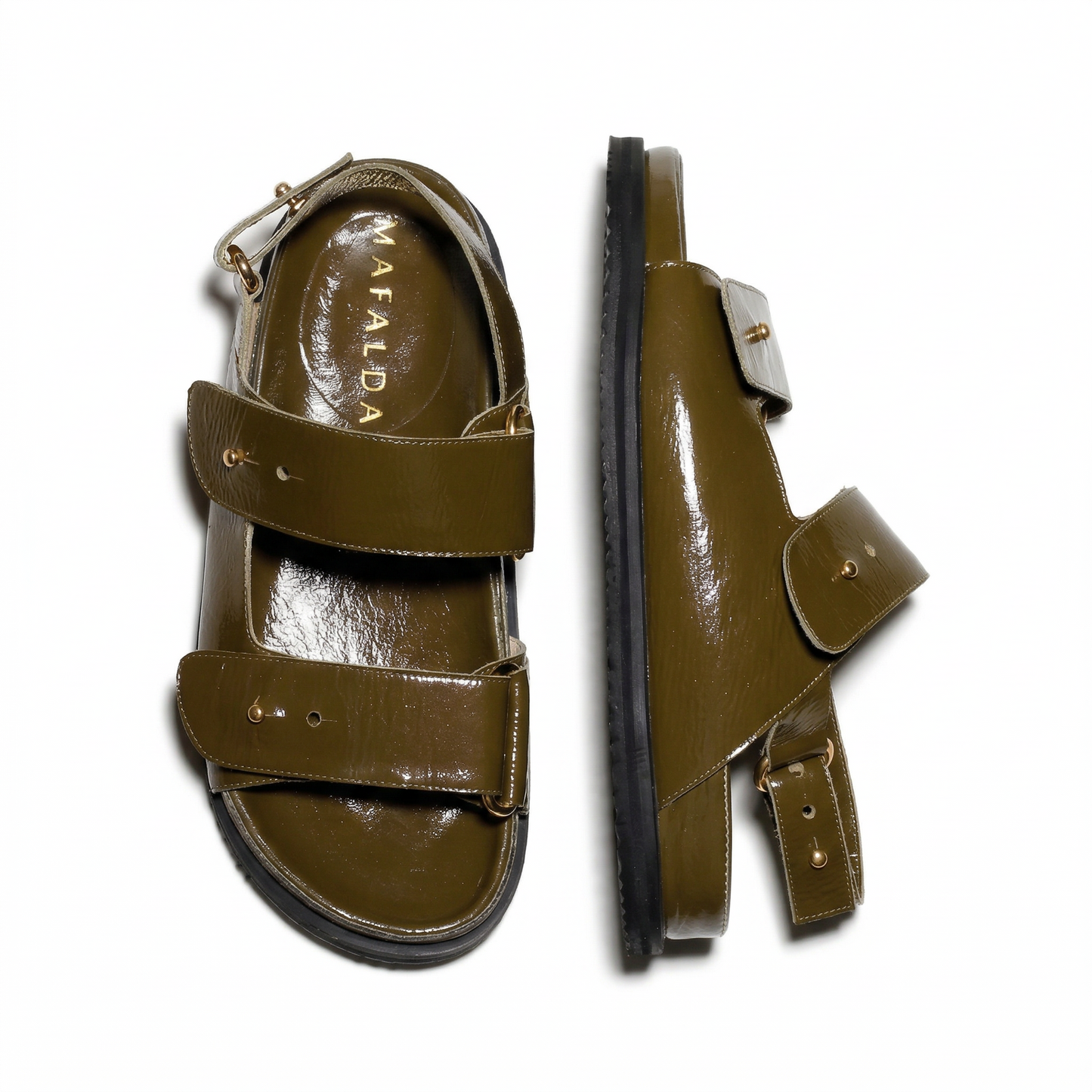Margot Green Leather Chunky Sandals by Mafalda Handmade top and side view