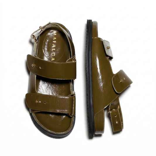 Margot Green Leather Chunky Sandals by Mafalda Handmade top and side view