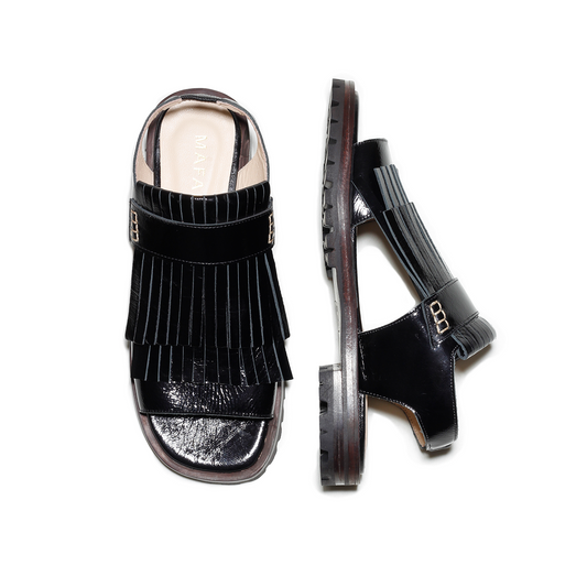 Rio Black Patent Fringe Sandals