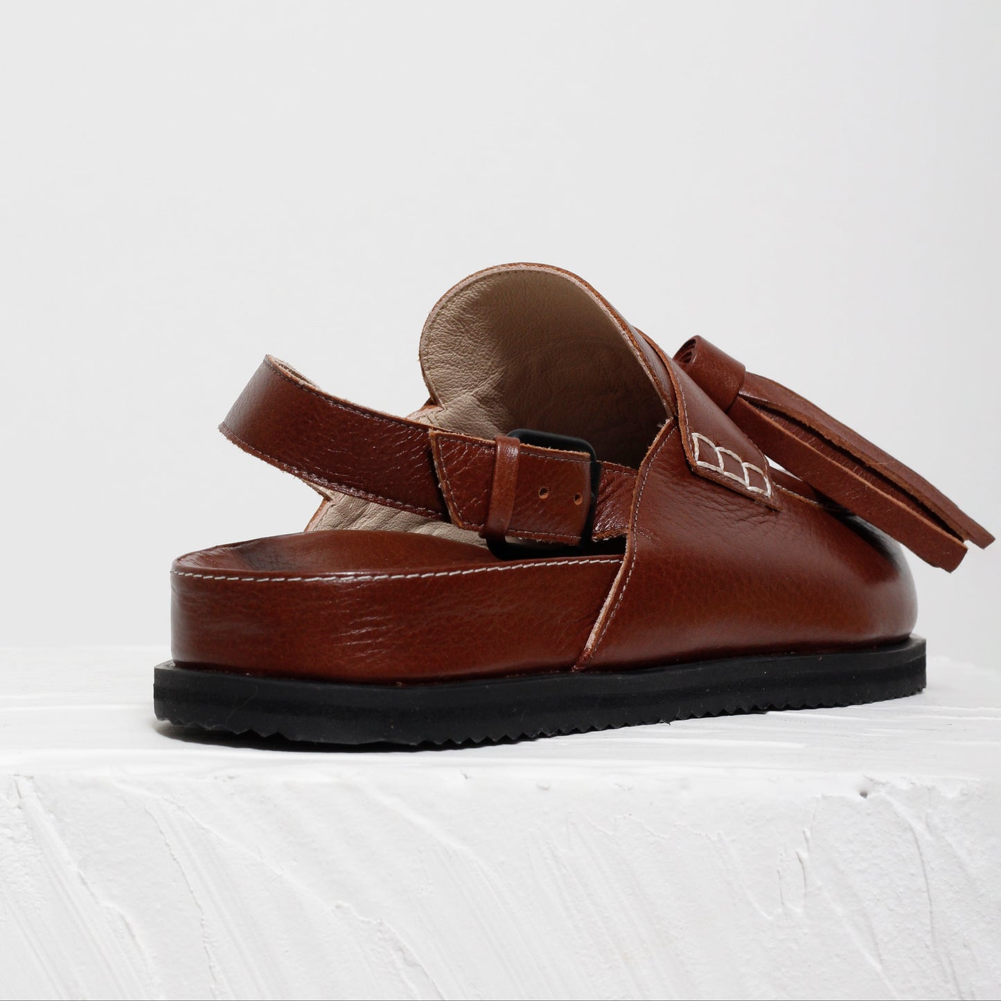 Zoe Brown Leather Tassel Mules by Mafalda Handmade slingback detail craftsmanship