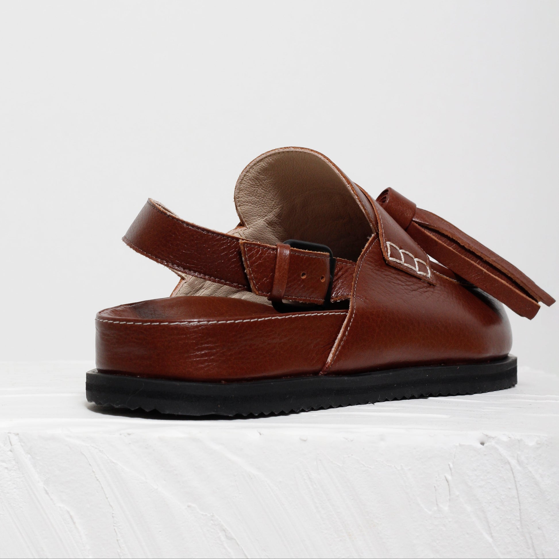 Zoe Brown Leather Tassel Mules by Mafalda Handmade slingback detail craftsmanship