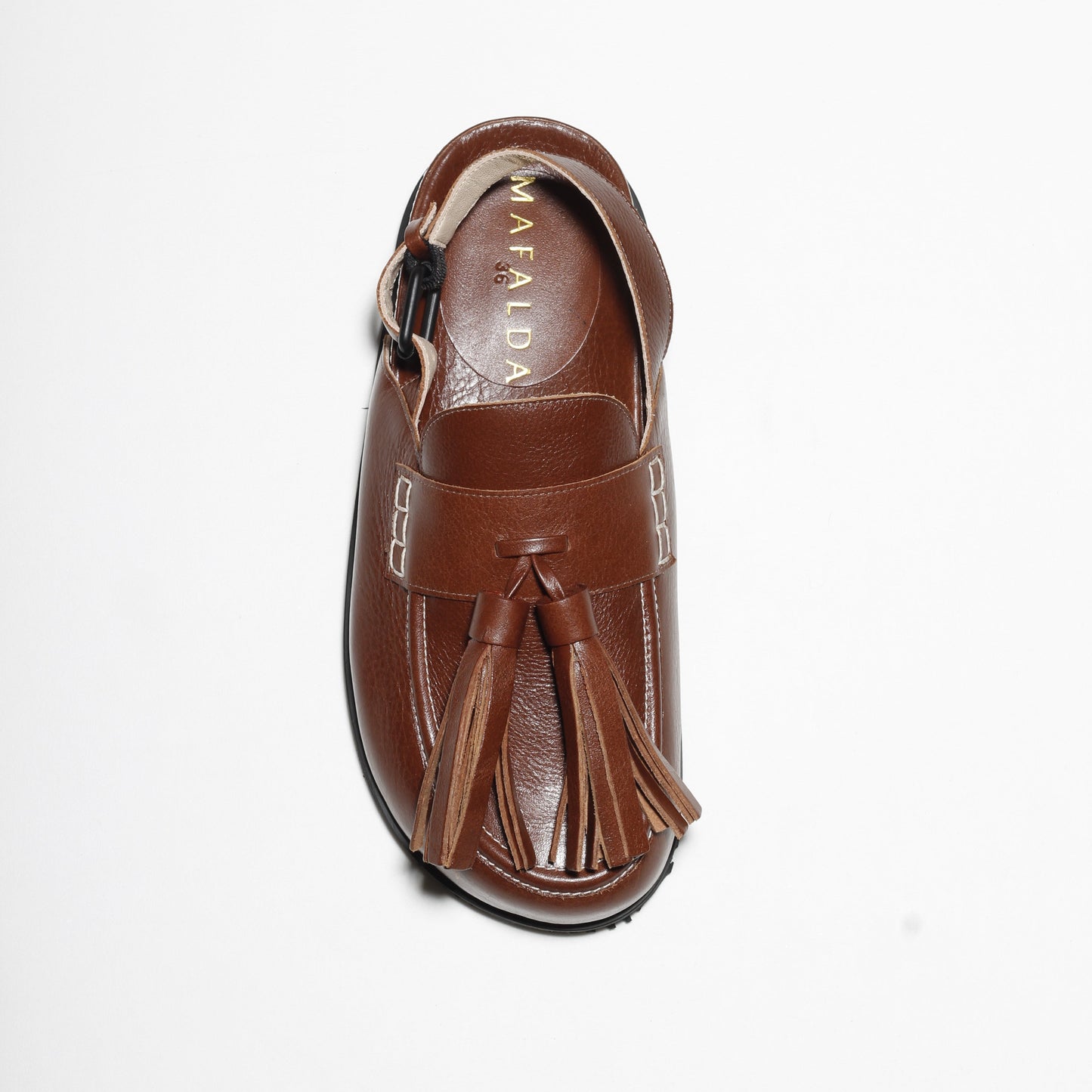 Zoe Brown Leather Tassel Mules by Mafalda Handmade top view