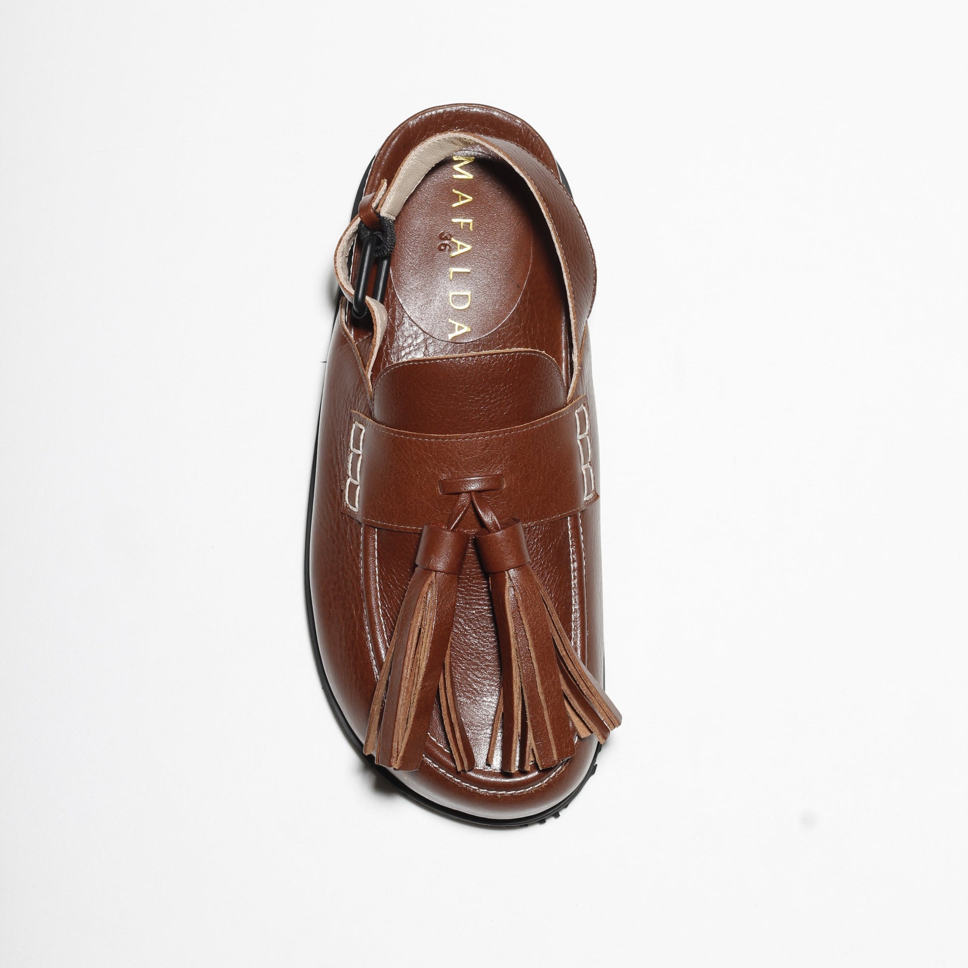 Zoe Brown Leather Tassel Mules by Mafalda Handmade top view
